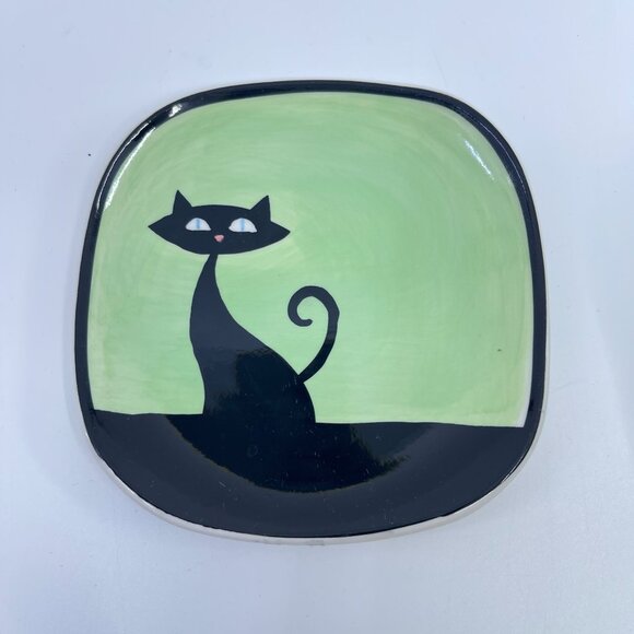 huesnbrews black cat  mug & saucer set on green background - Picture 2 of 7